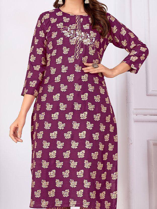 Purple floral print ethnic kurti with gold embroidery, perfect for Indian wear
