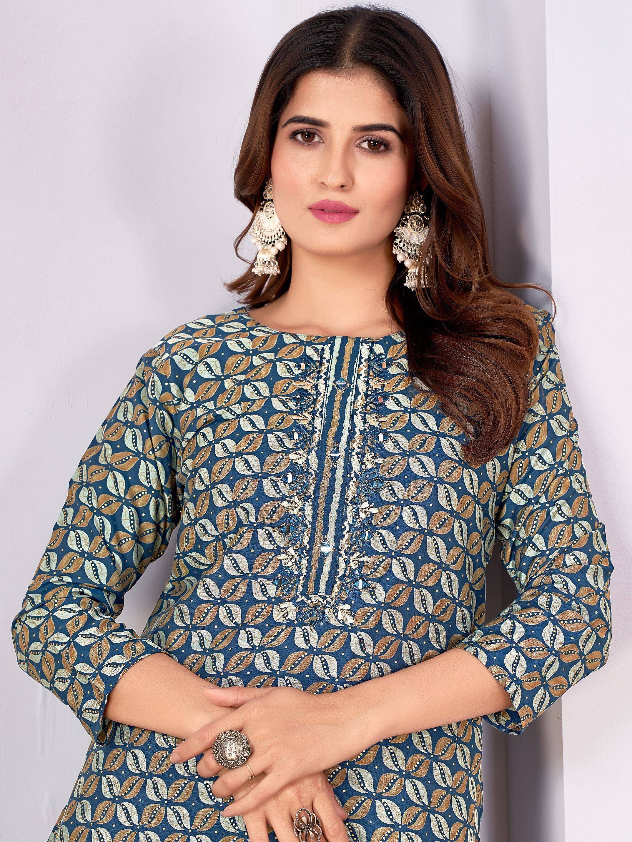 Blue printed kurta with gold leaf pattern, embroidery, and statement earrings for ethnic wear