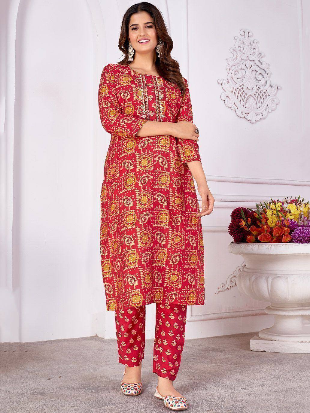 Red printed kurta with matching pants, ethnic wear for women, stylish Indian outfit