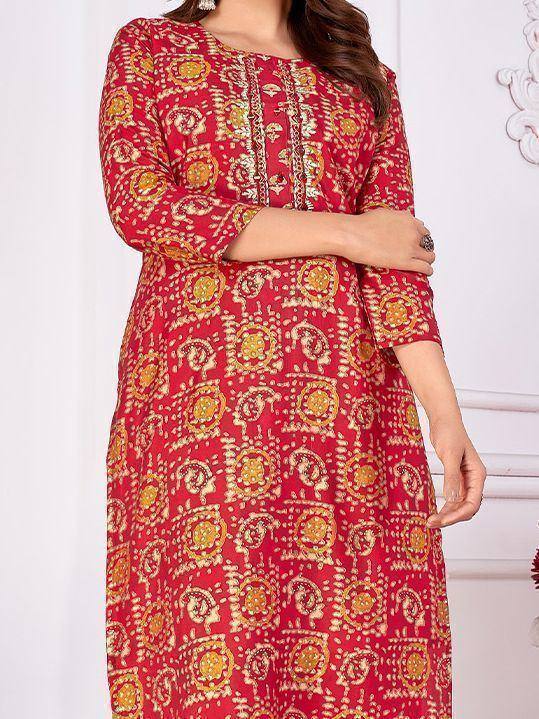 Red ethnic printed kurti with gold patterns, stylish Indian wear
