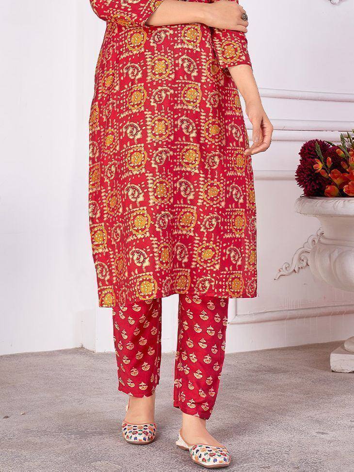 Red printed kurta with matching palazzo pants, ethnic Indian wear for women