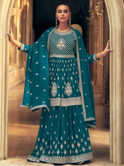 Awesome Blue Embroidered Georgette Gharara Suit With Dupatta
