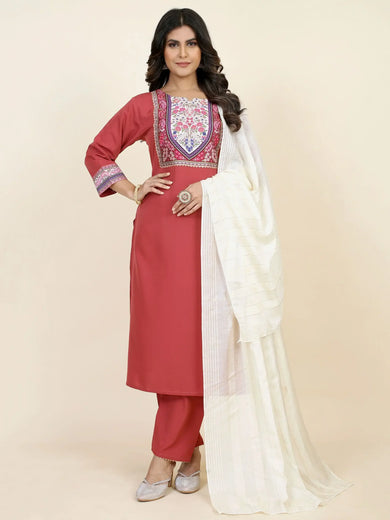 Precious Coral-Red Digital Printed Crepe Pant Suit With Dupatta