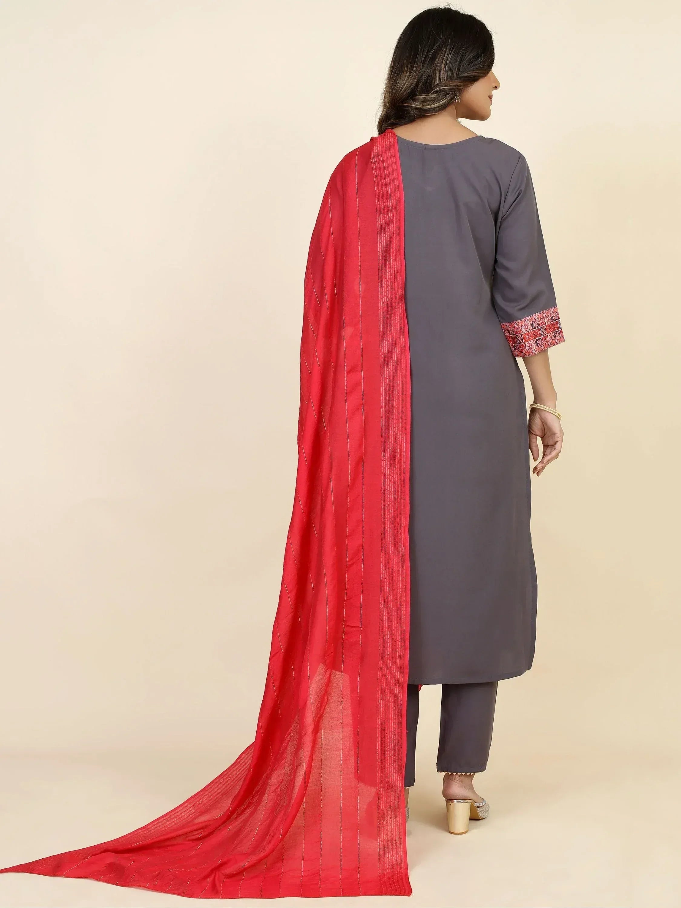 Grey kurta with red dupatta, ethnic wear for women, stylish Indian outfit