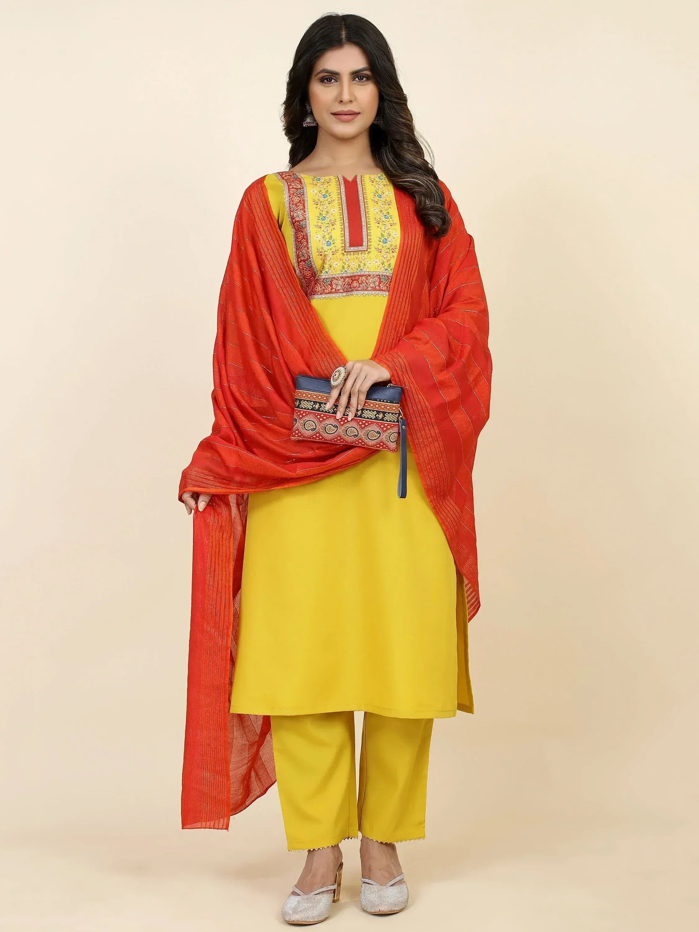 Yellow embroidered kurta with orange dupatta, ethnic wear for women