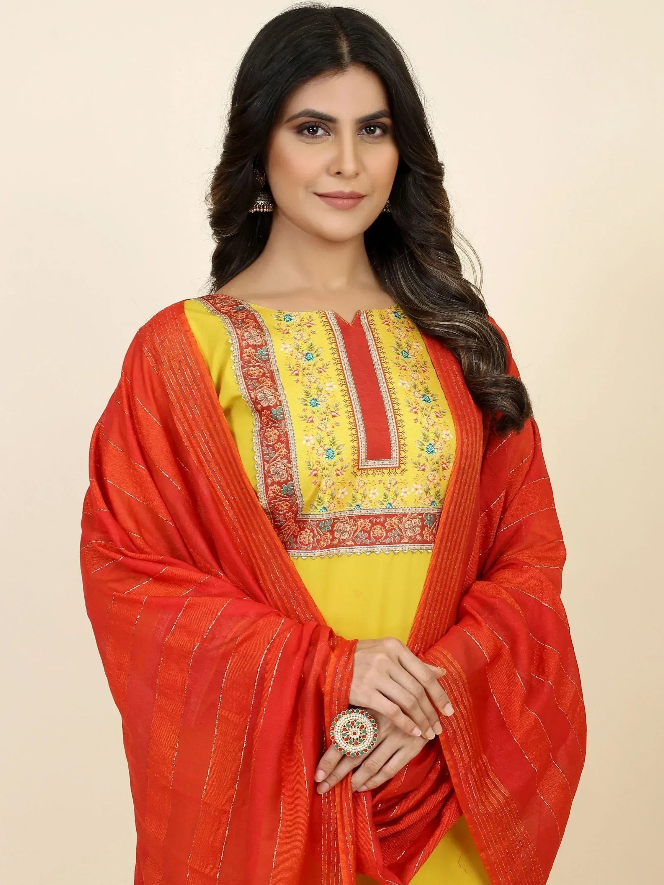 Yellow embroidered kurta with red dupatta, Indian ethnic wear for women
