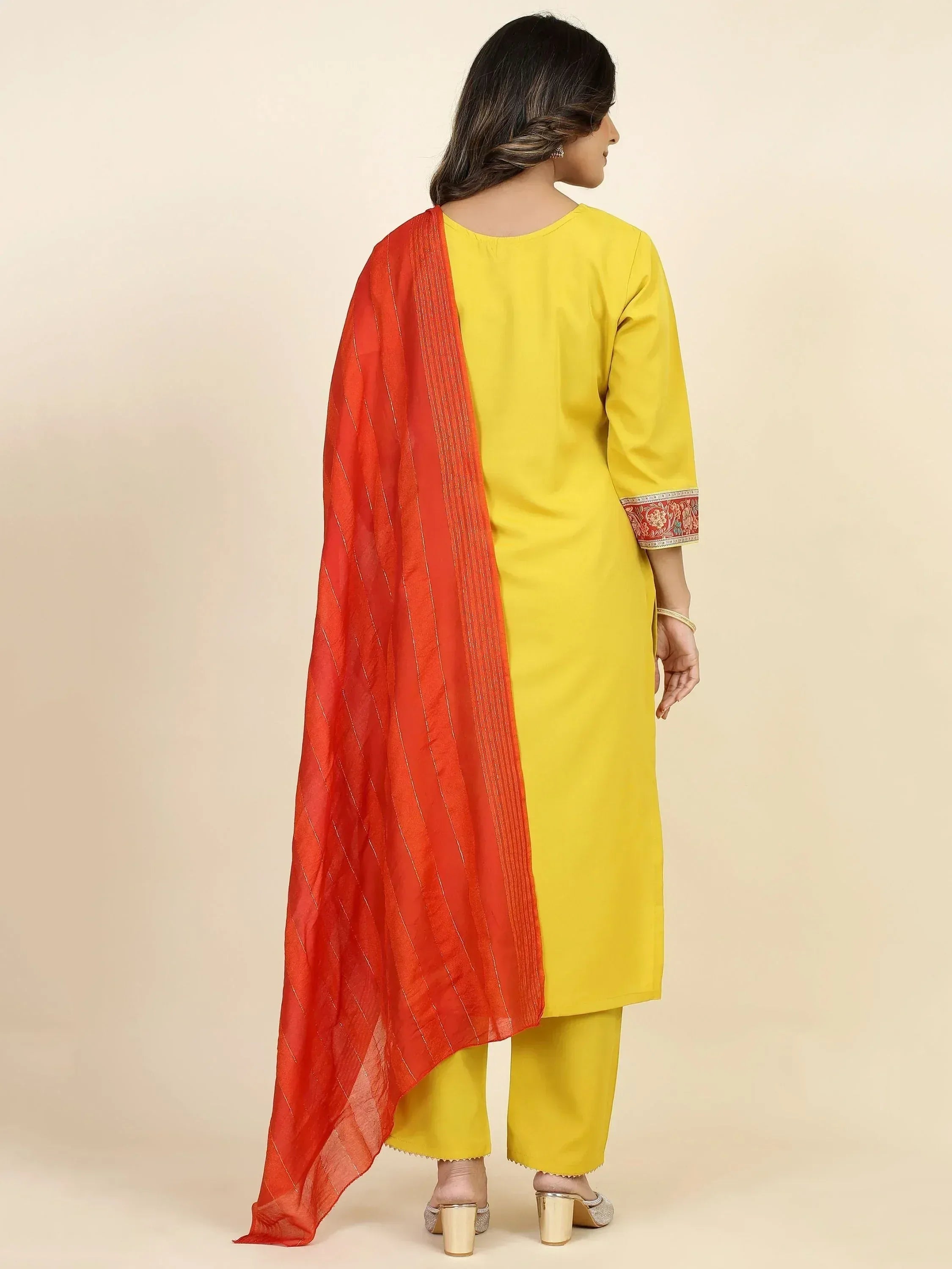 Yellow kurta with red dupatta, ethnic wear for women, designer salwar kameez set