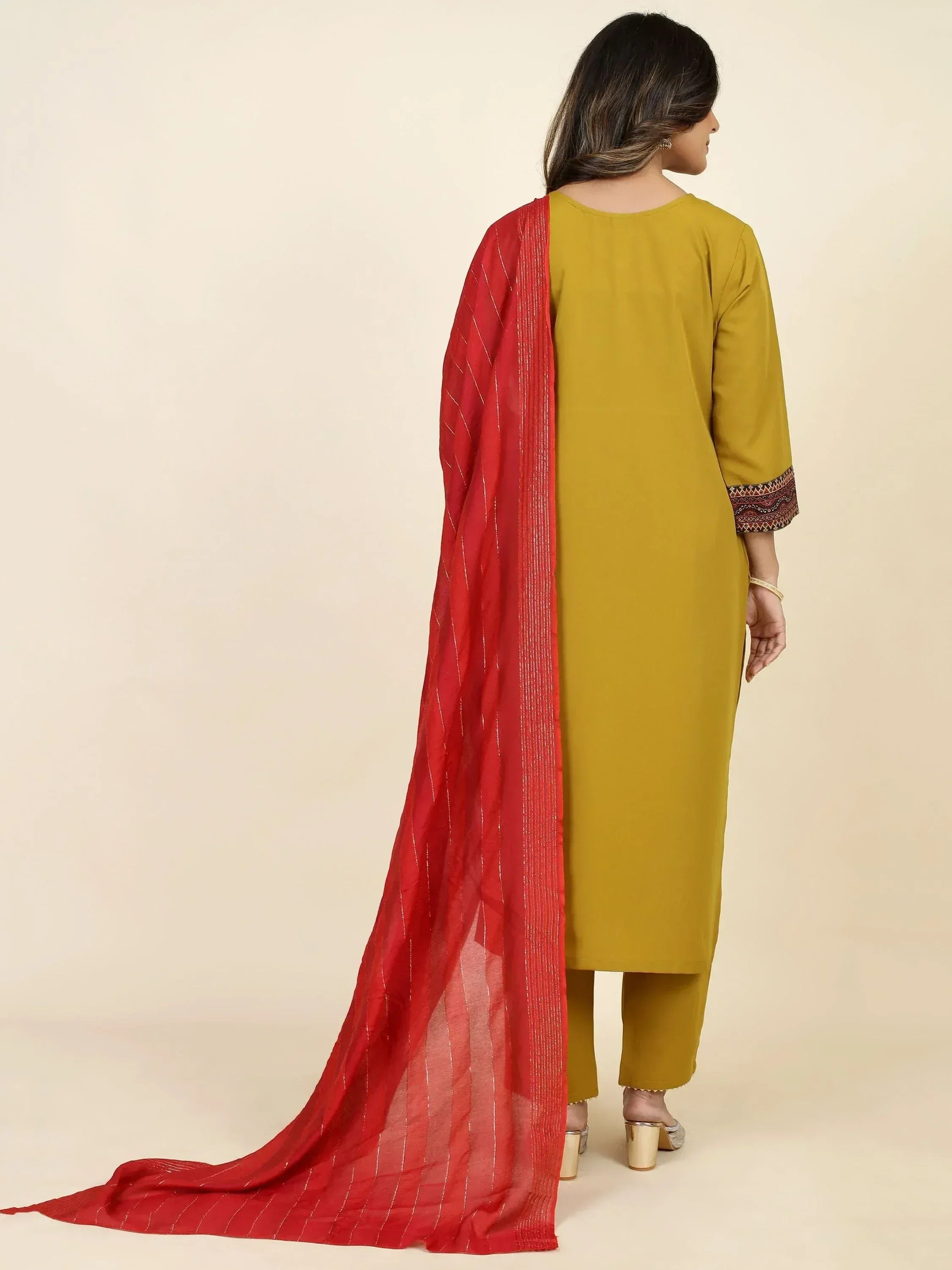 Mustard yellow kurta with red dupatta, ethnic wear for women, perfect for festive occasions