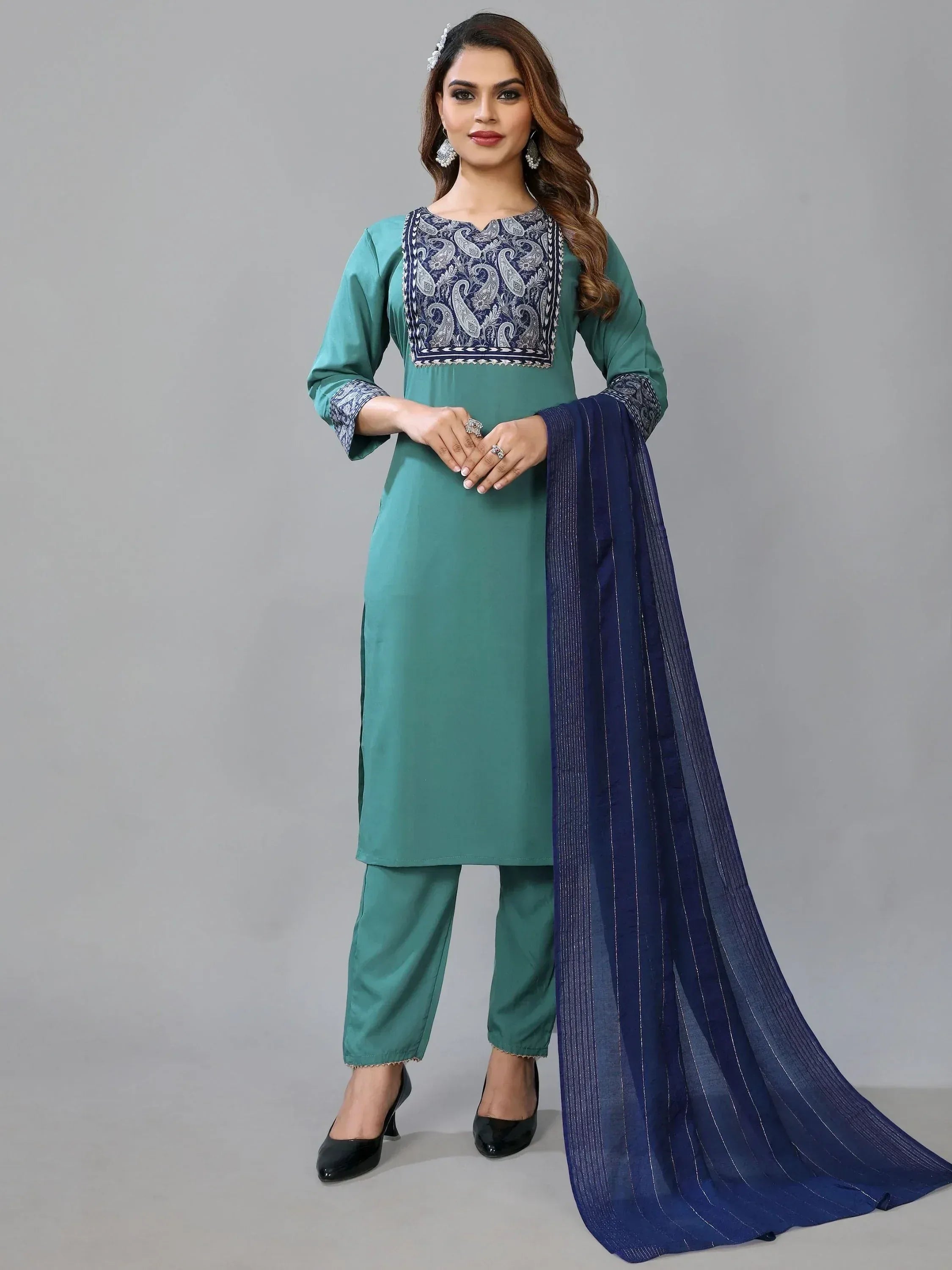 Teal salwar kameez with navy paisley embroidery & striped dupatta, Indian ethnic wear
