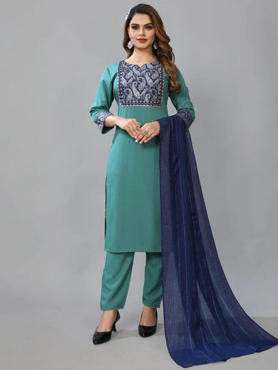 Captivating Teal Blue Digital Printed Crepe Traditional Pant Suit
