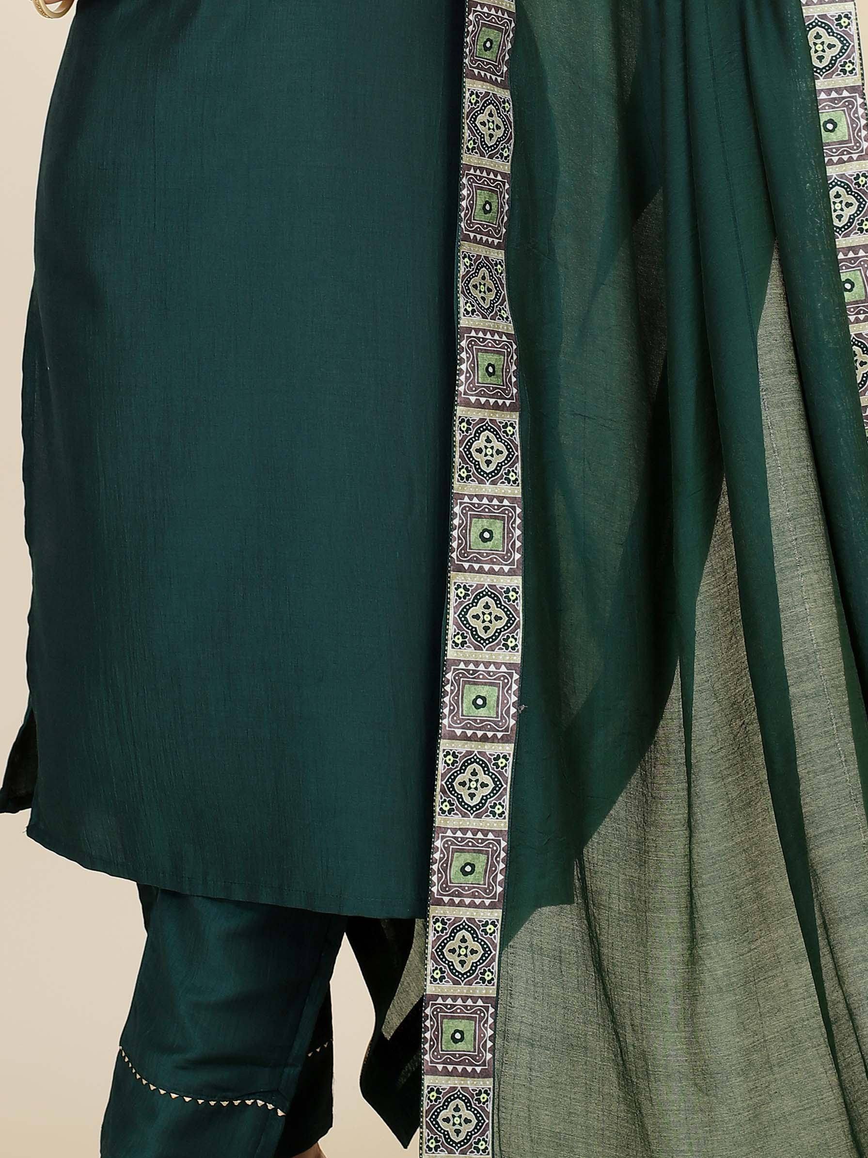 Emerald green salwar kameez with printed dupatta, ethnic Indian wear