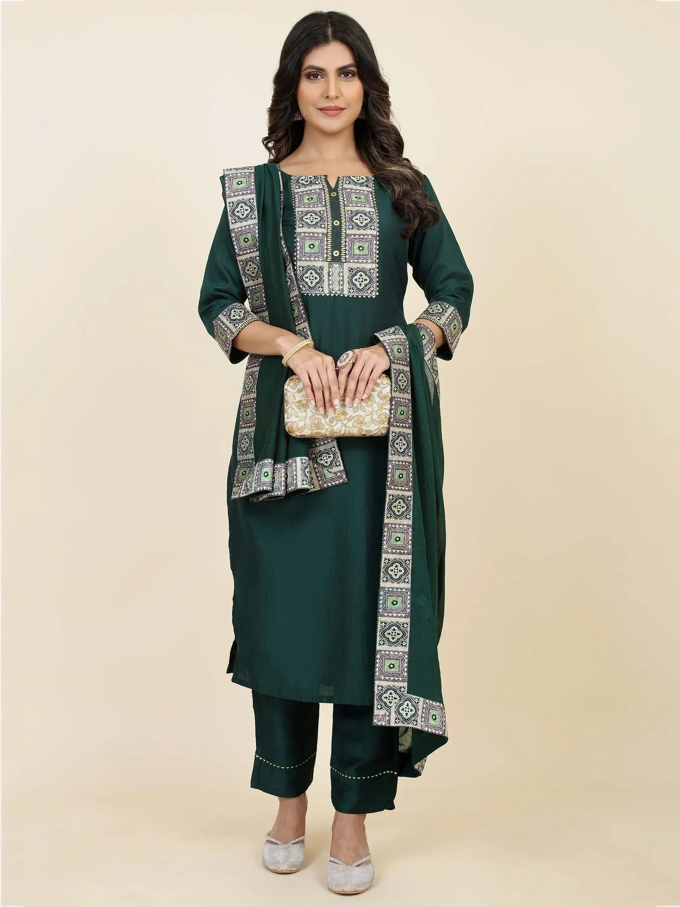 Emerald green salwar kameez with geometric print dupatta, ethnic wear for women