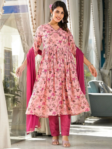 Stunning Light Pink Floral Printed Silk Festival Wear Pant Suit