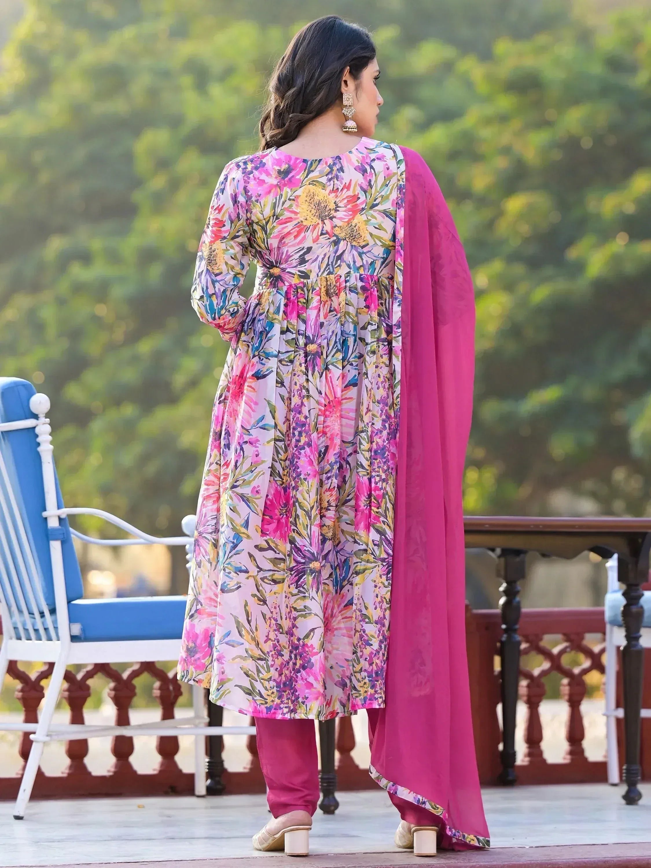 Floral print salwar kameez with pink dupatta, ethnic wear for women, stylish Indian outfit