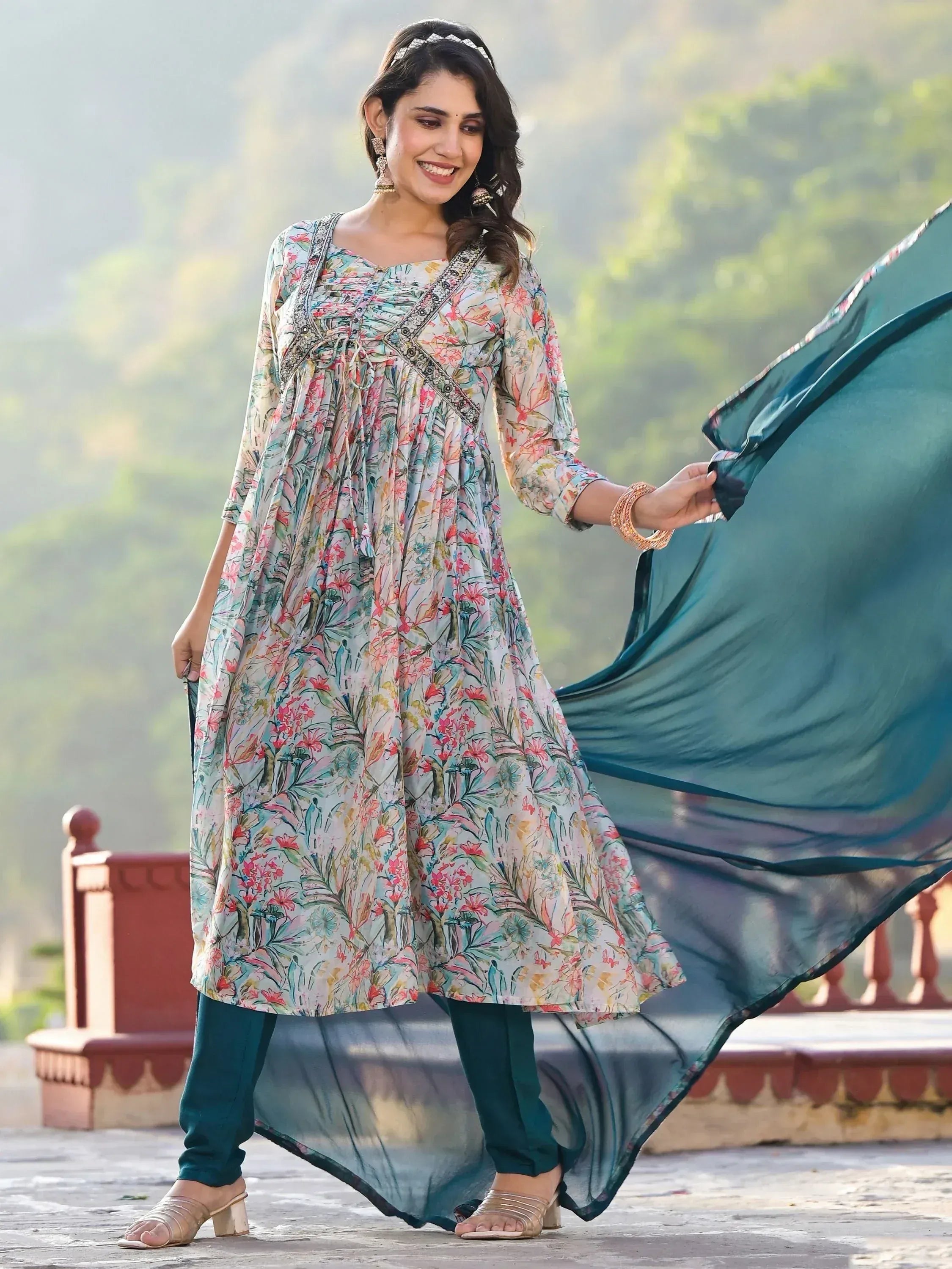 Floral print salwar kameez with teal dupatta, ethnic Indian wear for women