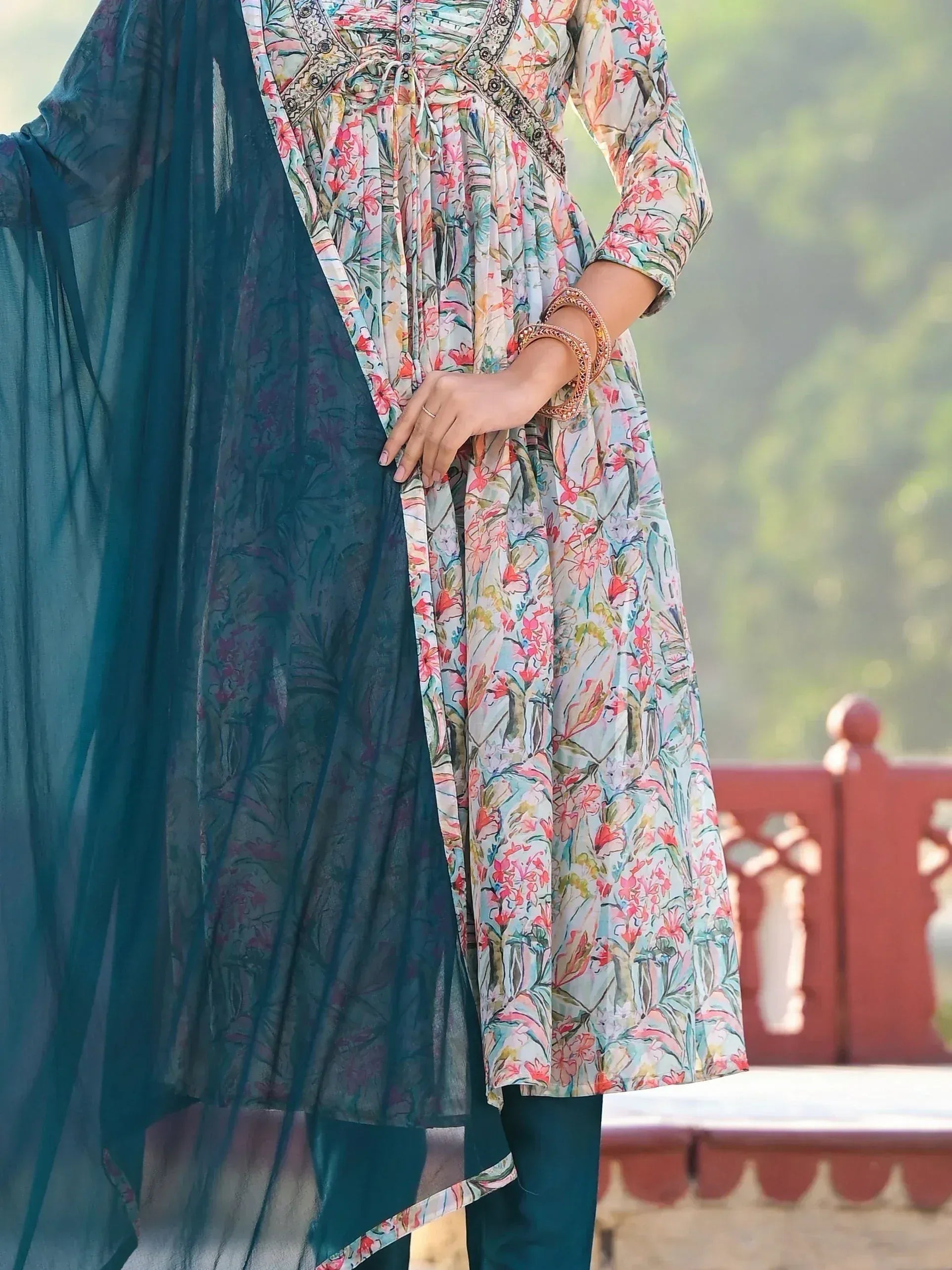 Floral print salwar kameez with teal dupatta, ethnic wear for women