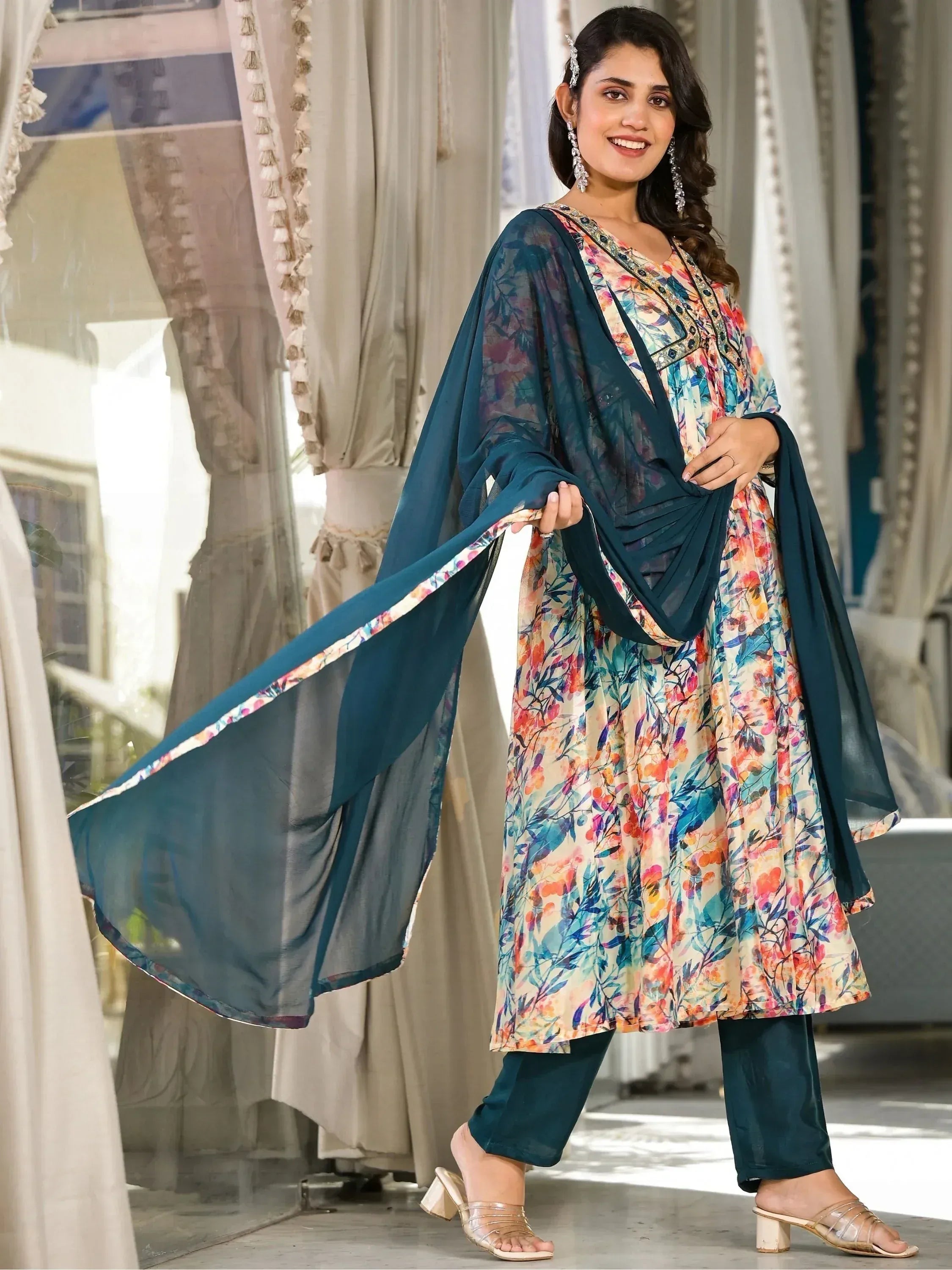 Floral print salwar kameez with teal dupatta, ethnic Indian wear for women