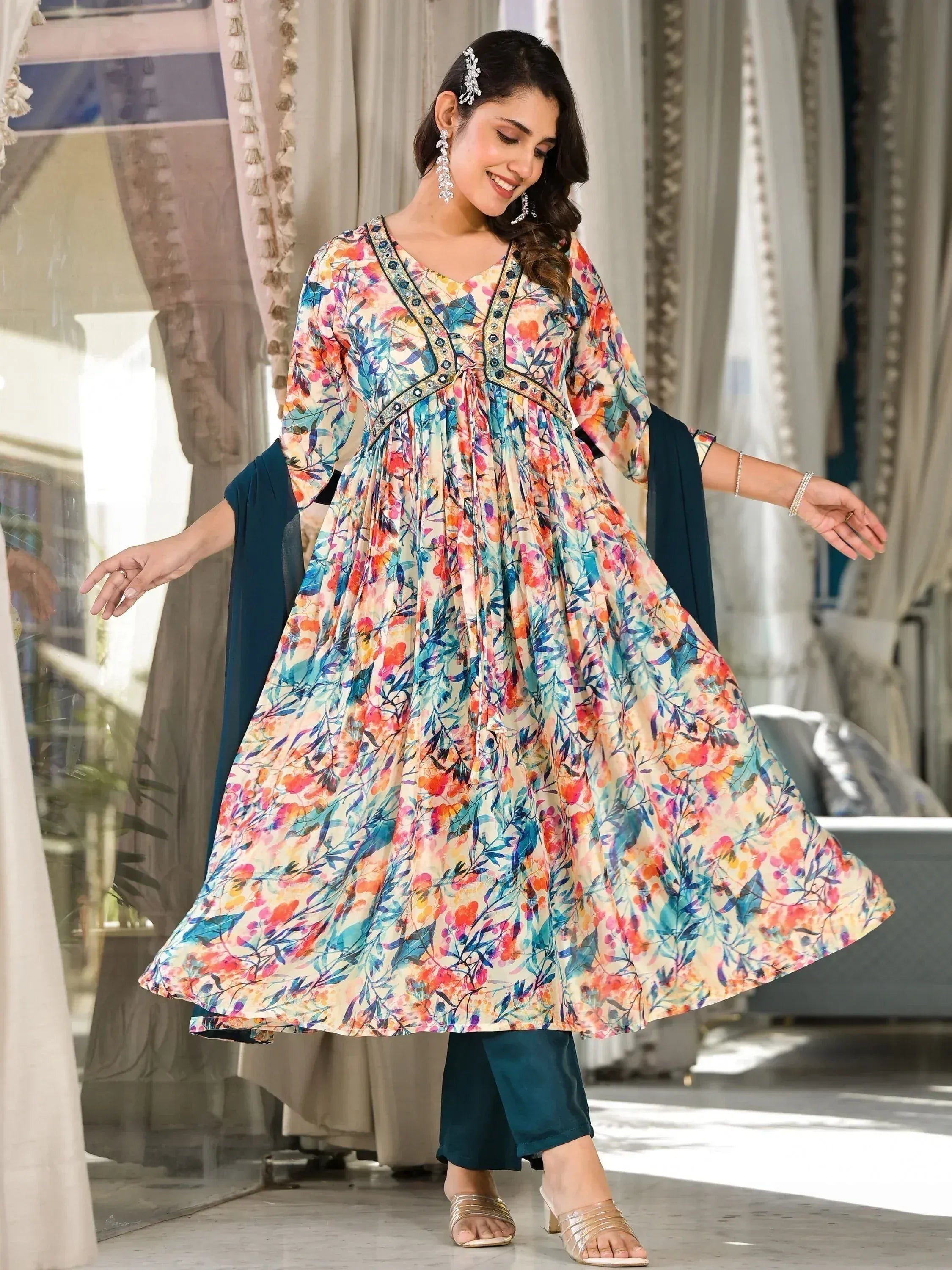 Floral printed ethnic anarkali suit with teal dupatta, perfect for Indian occasions and festive wear.