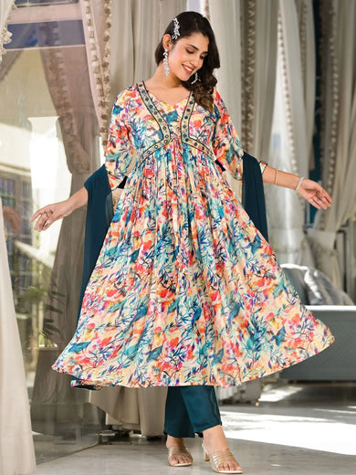 Awesome Multi-Color Floral Printed Silk Pant Suit With Dupatta