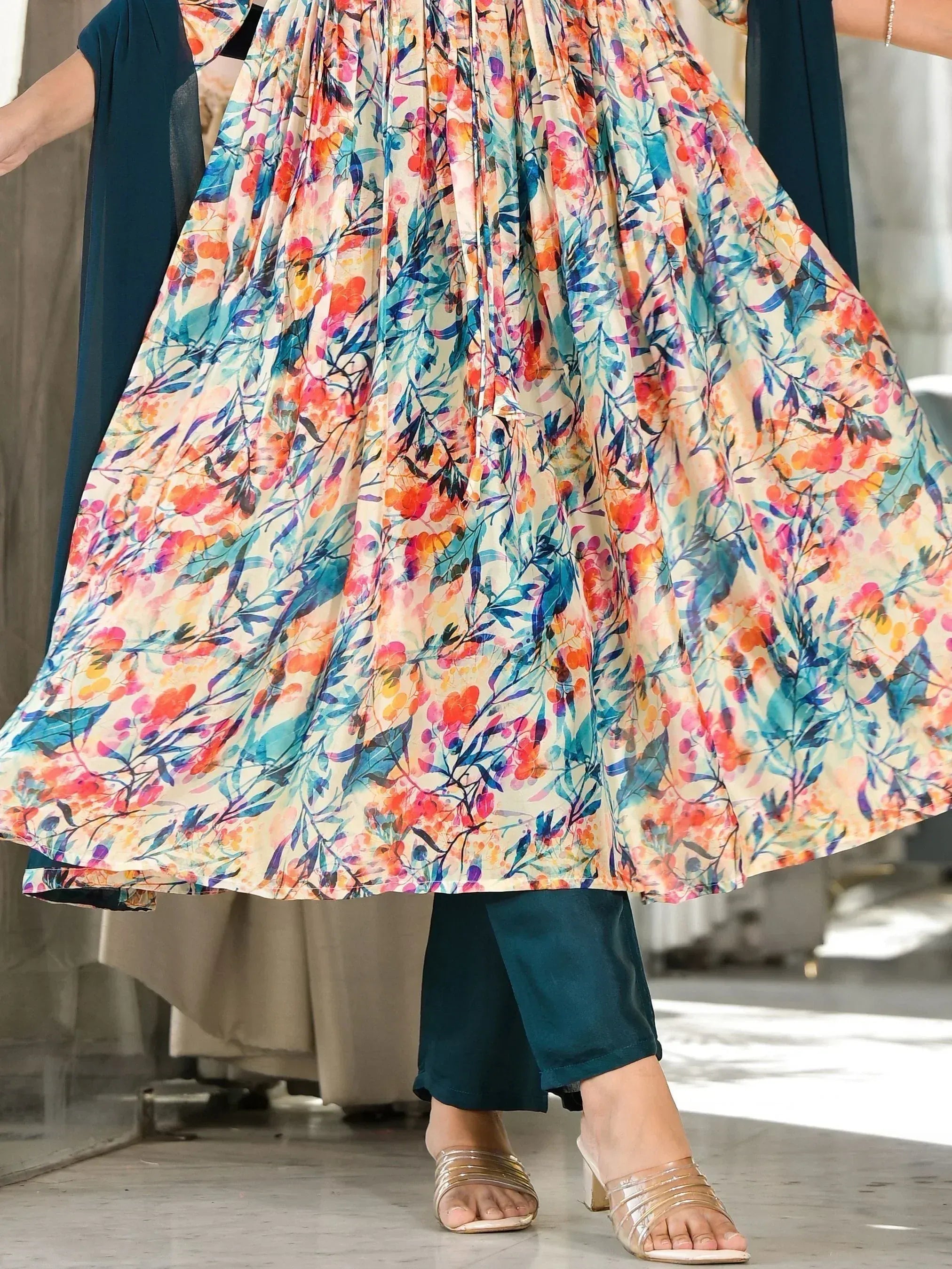 Floral print ethnic gown with teal pants, stylish Indian wear for women