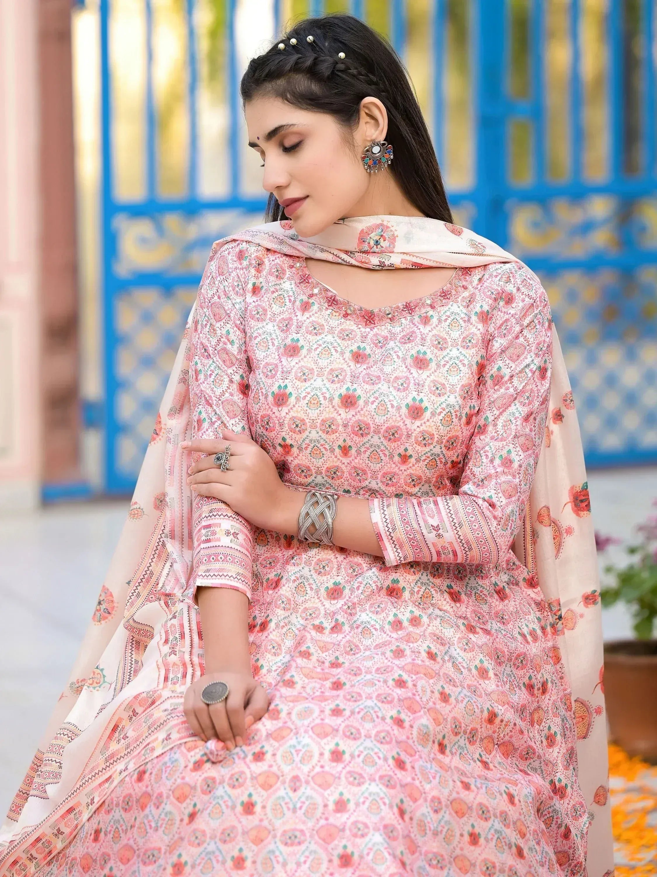 Pink floral printed salwar kameez with dupatta, ethnic Indian wear for women