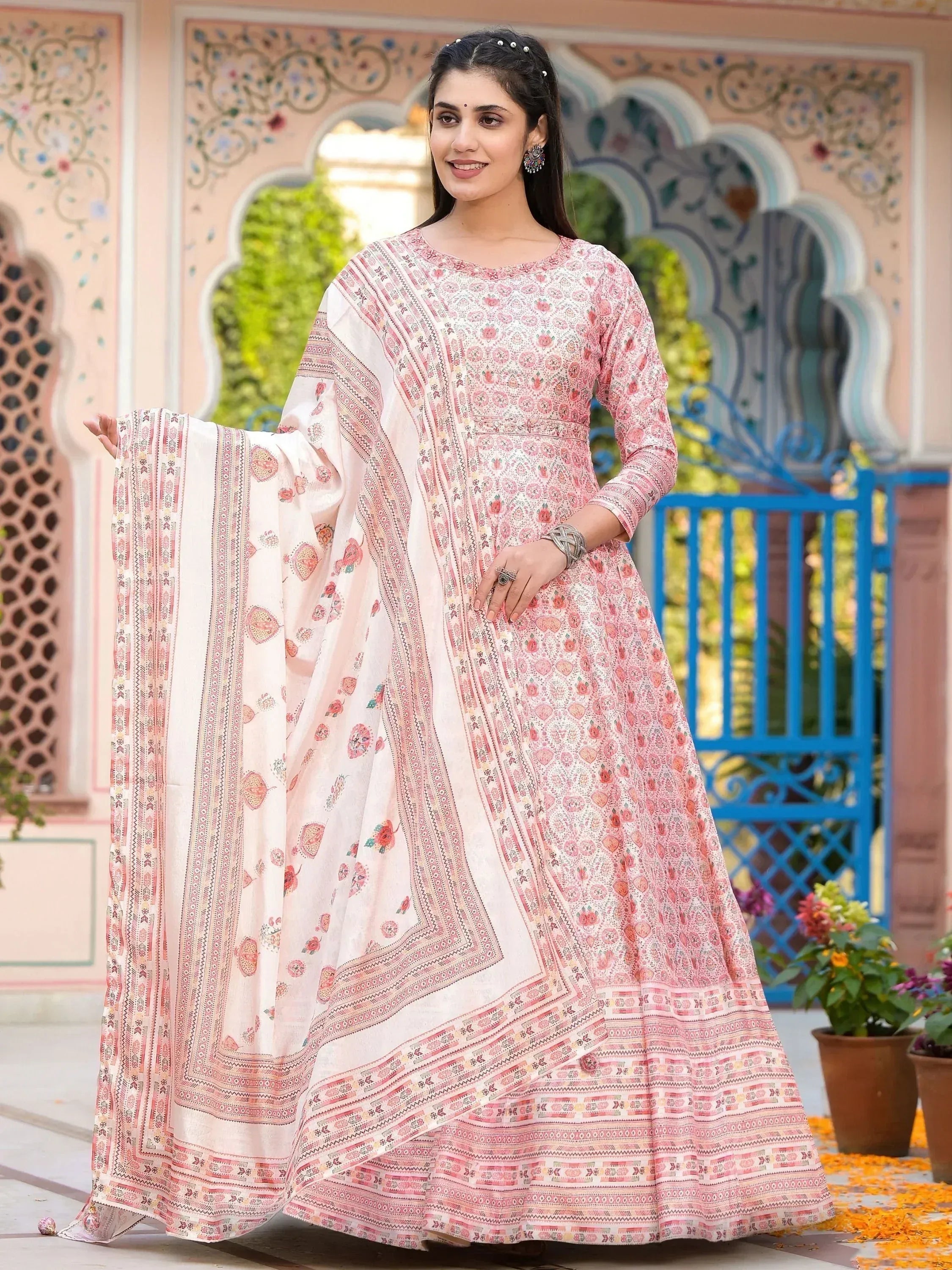 Pink printed anarkali suit with dupatta, Indian ethnic wear for women, floral patterns, traditional design