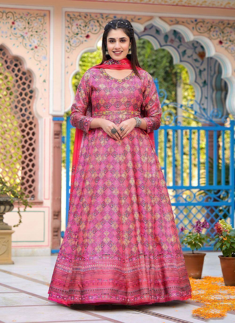 Pink printed anarkali suit with dupatta, ethnic Indian wear for women