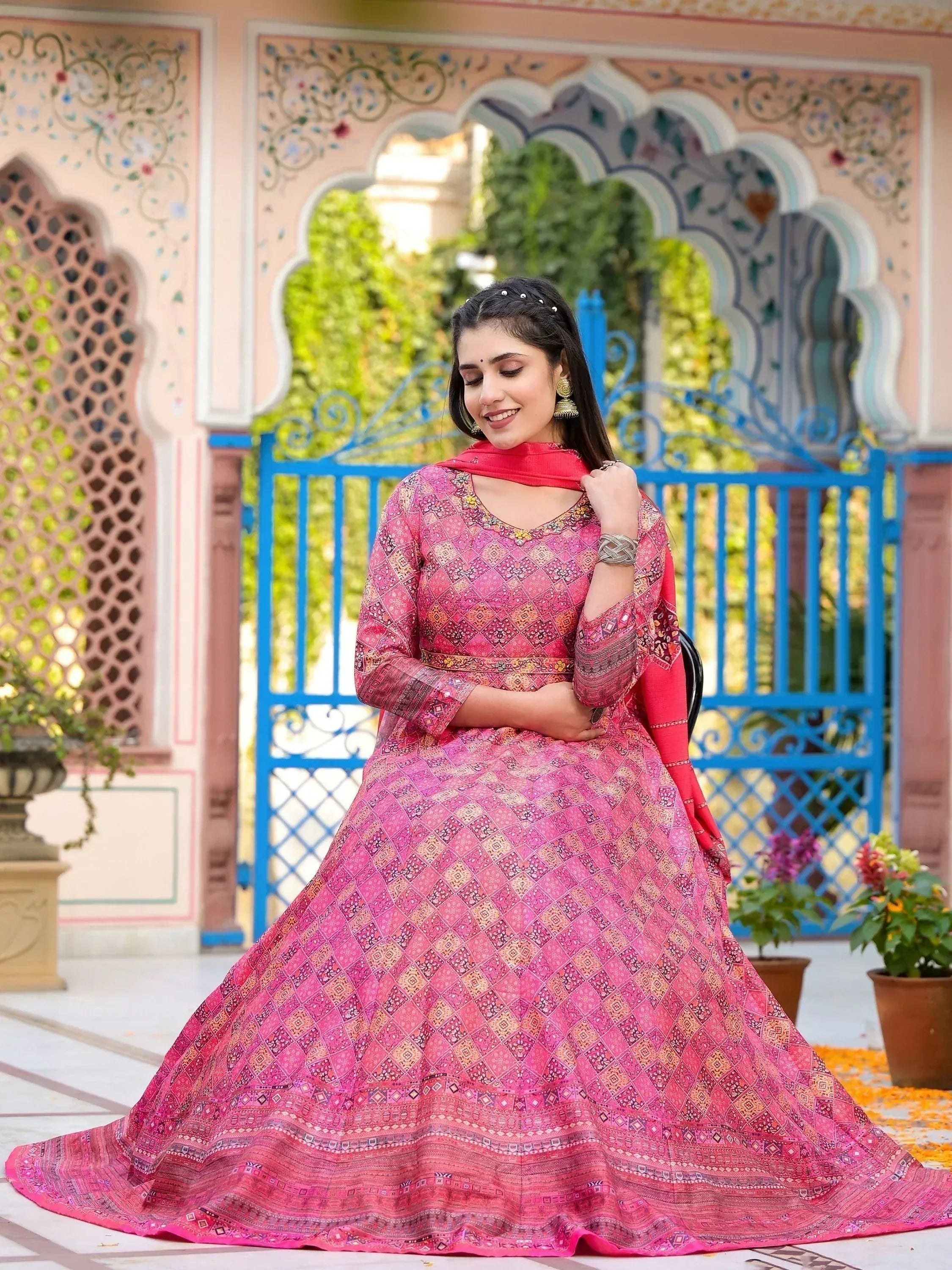 Pink printed anarkali suit with dupatta, ethnic Indian wear for women, traditional festival outfit