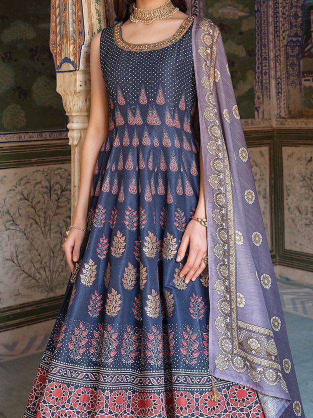 Navy blue printed anarkali with gold embroidery and lavender dupatta, ethnic Indian wear