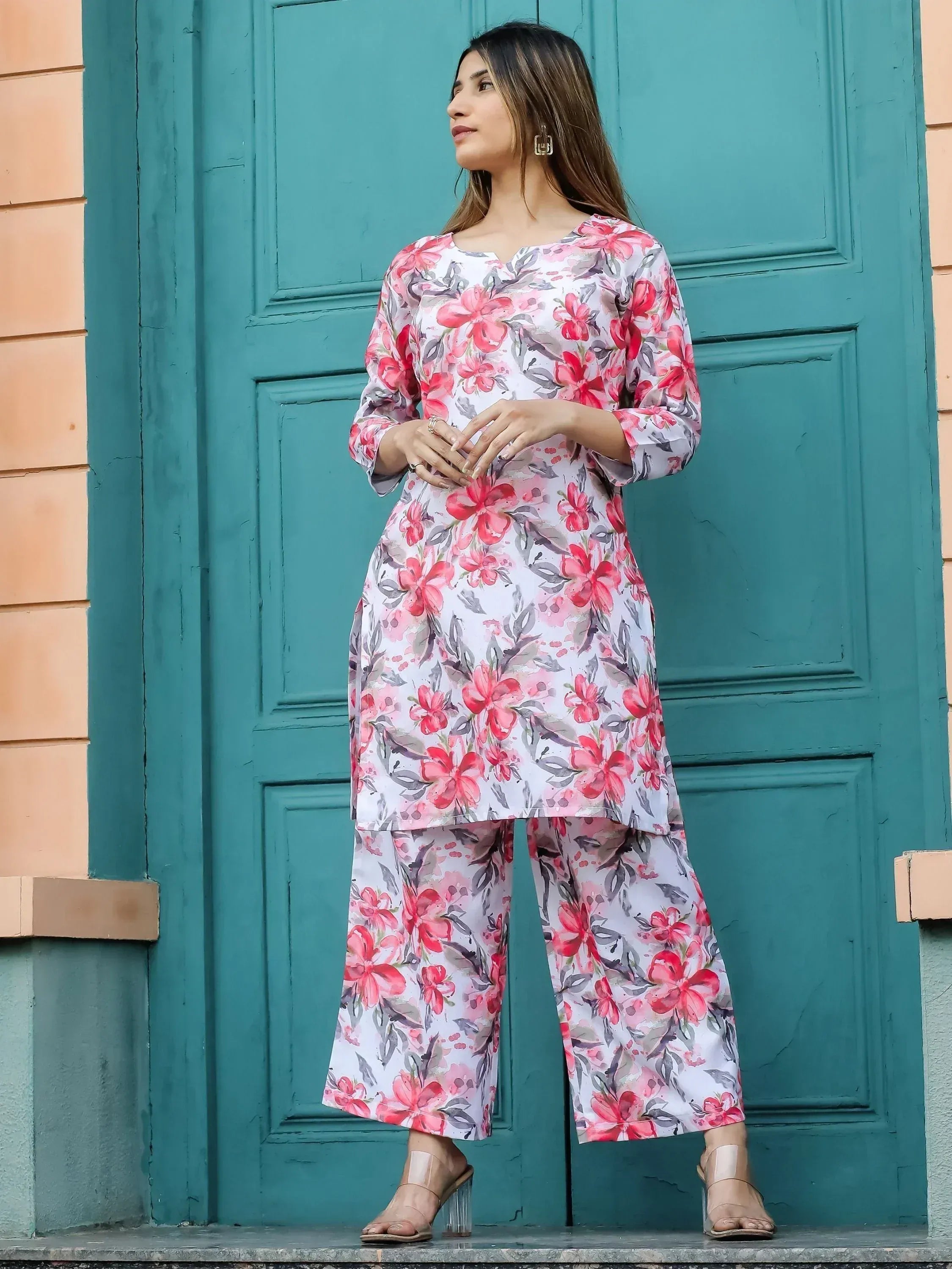 Floral print salwar kameez with pink blooms, stylish ethnic wear for women