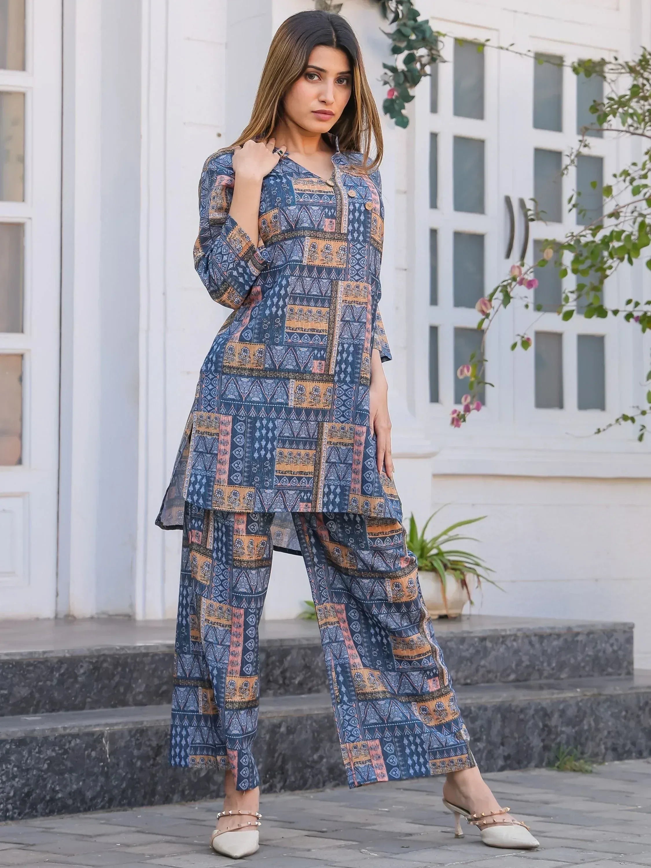 Blue printed ethnic palazzo suit with patchwork design, stylish Indian wear for women