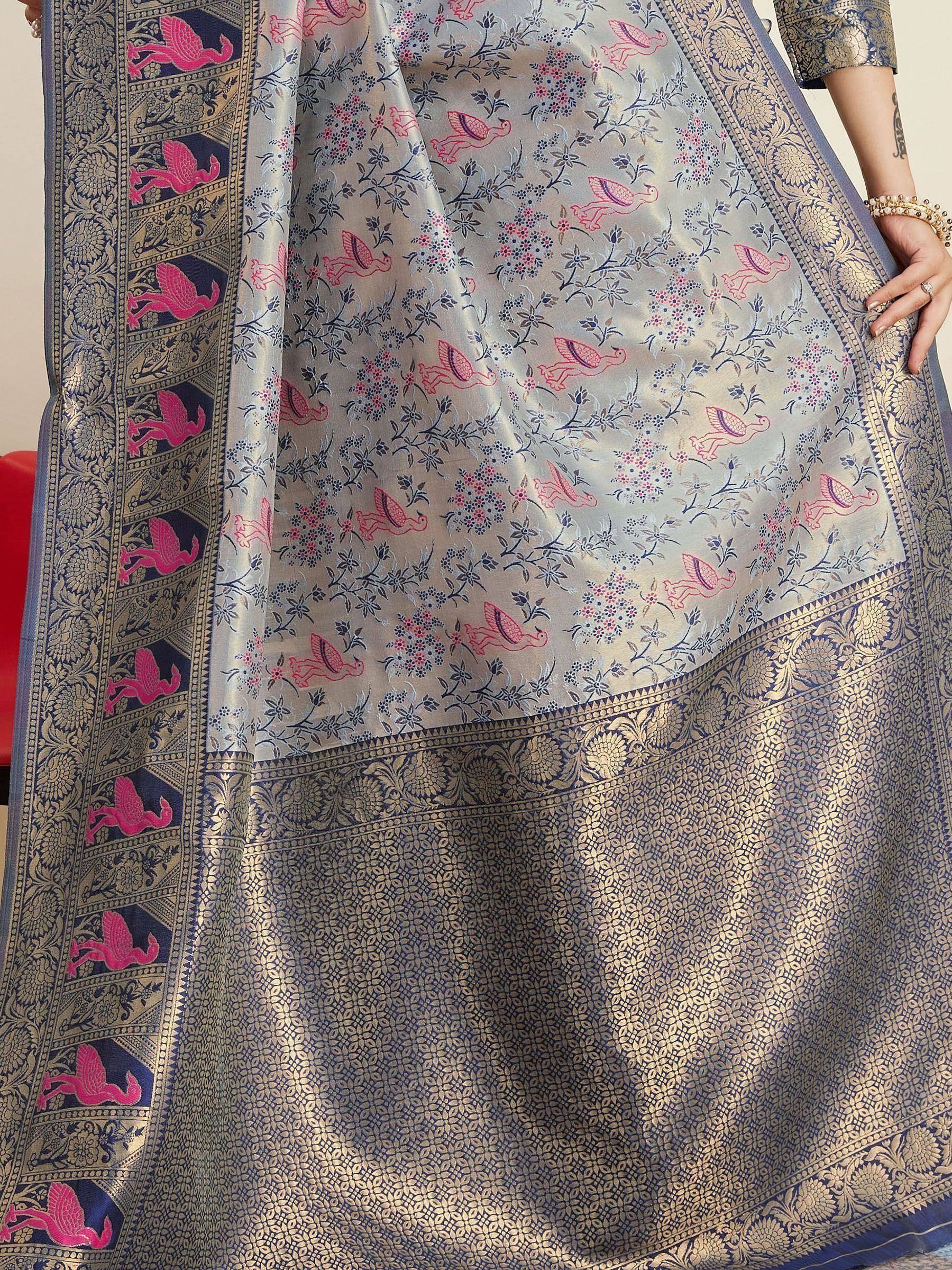 Elegant silver saree with pink bird & floral print, gold zari border, perfect for Indian ethnic wear