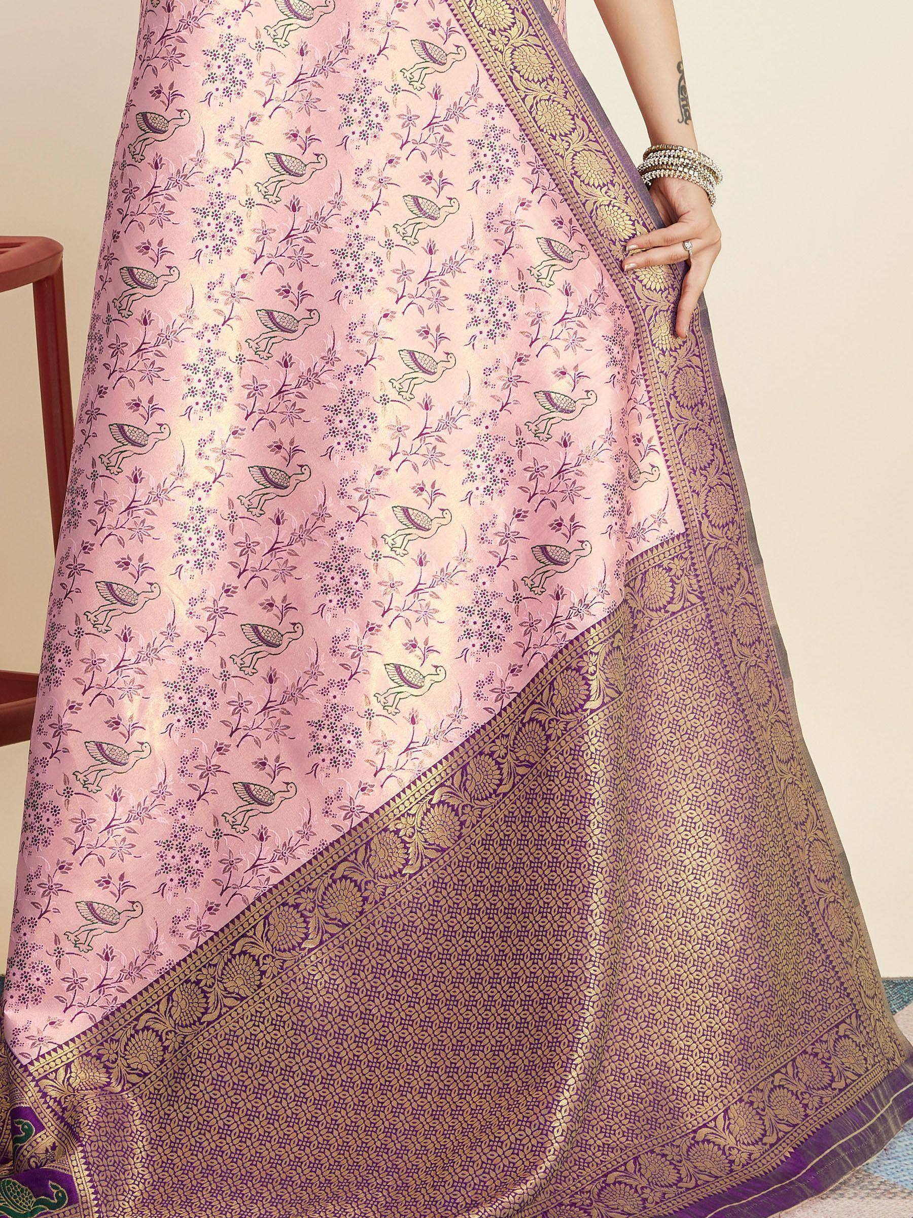 Pink floral and bird print saree with purple gold border, Indian ethnic wear