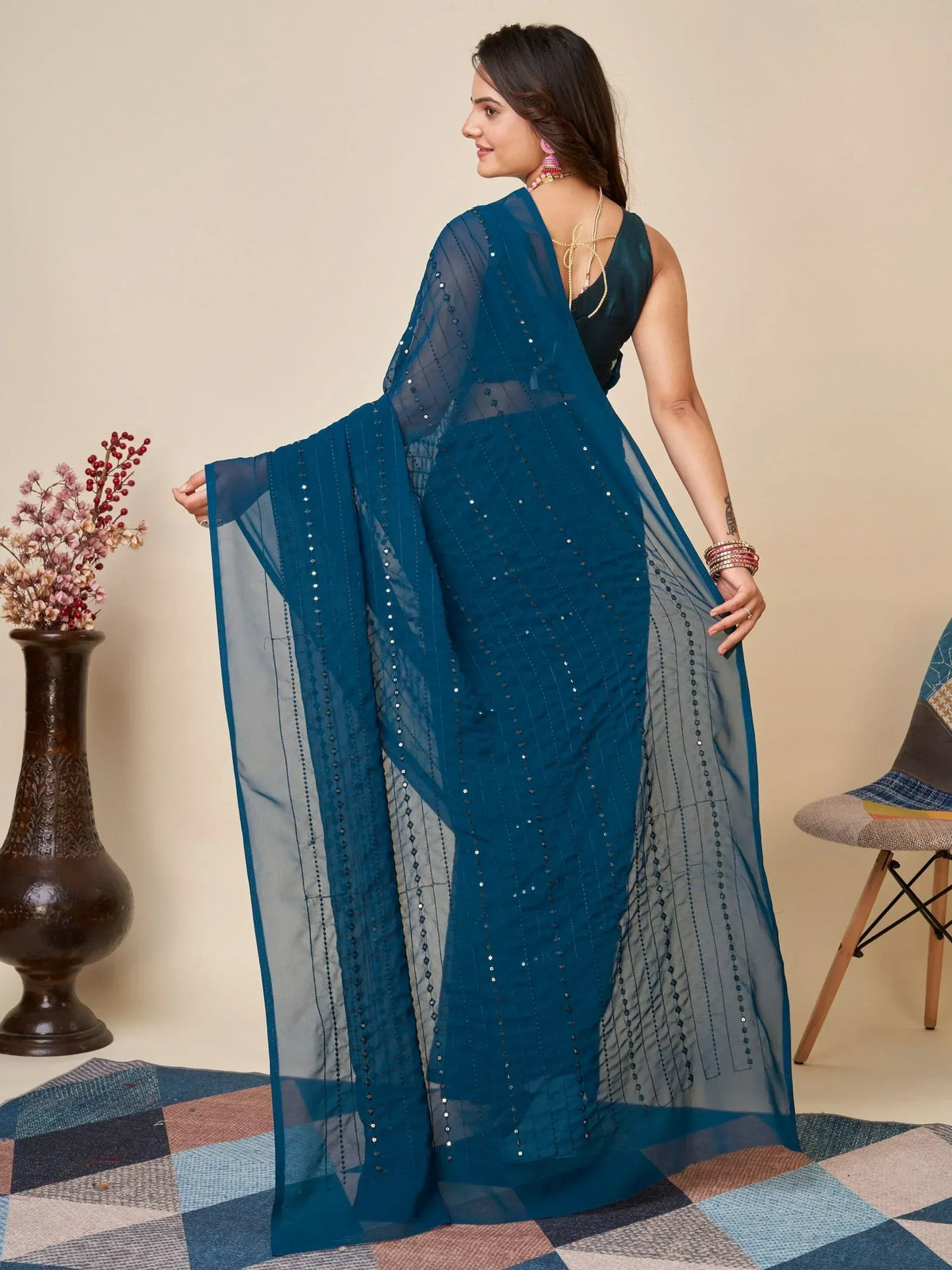 Teal blue sequin saree with sheer dupatta, ethnic Indian wear for women