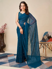 Fascinating Teal Blue Sequins Georgette Reception Wear Saree