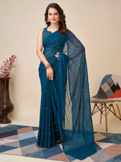 Fascinating Teal Blue Sequins Georgette Reception Wear Saree