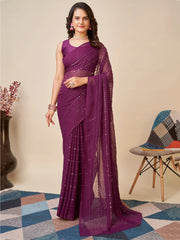 Captivating Purple Sequins Georgette Event Wear Saree With Blouse