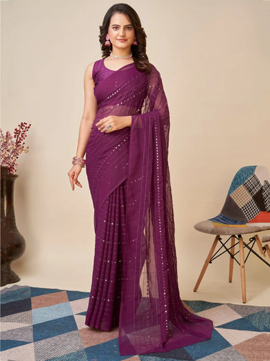 Captivating Purple Sequins Georgette Event Wear Saree With Blouse