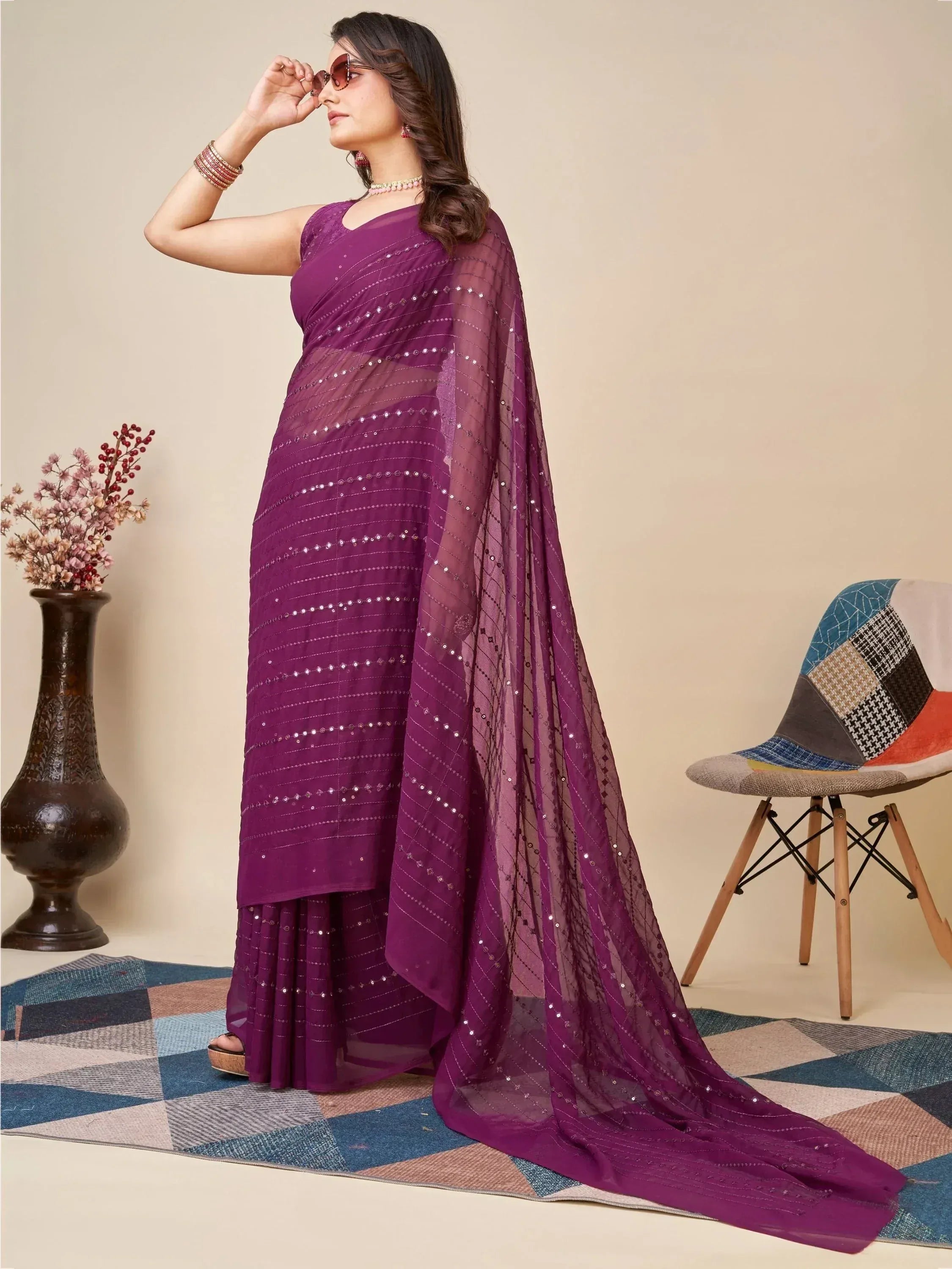 Purple ethnic saree with sequin detailing, perfect for Indian occasions and festive wear