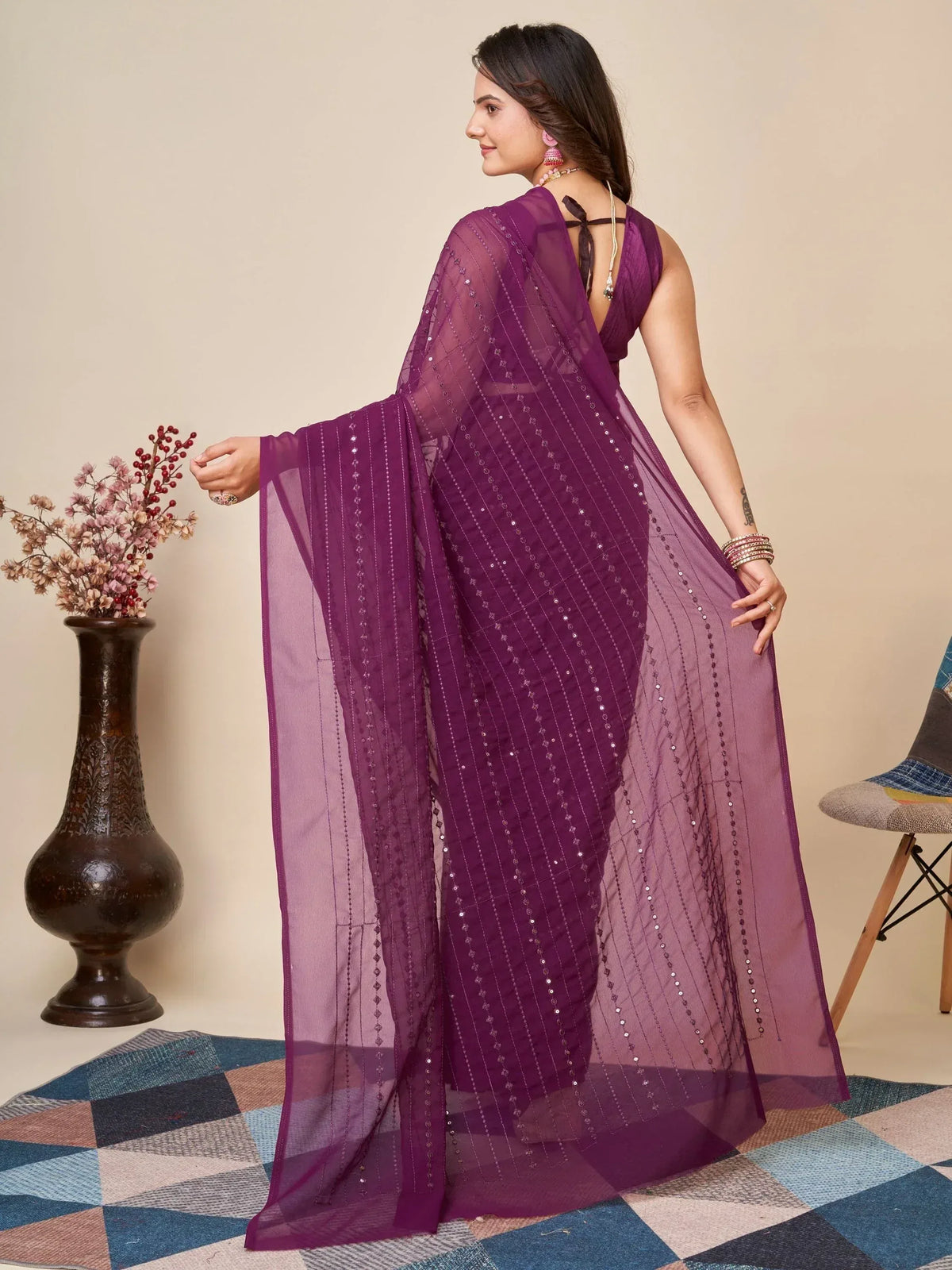 Purple embroidered saree with sheer dupatta, perfect for ethnic occasions