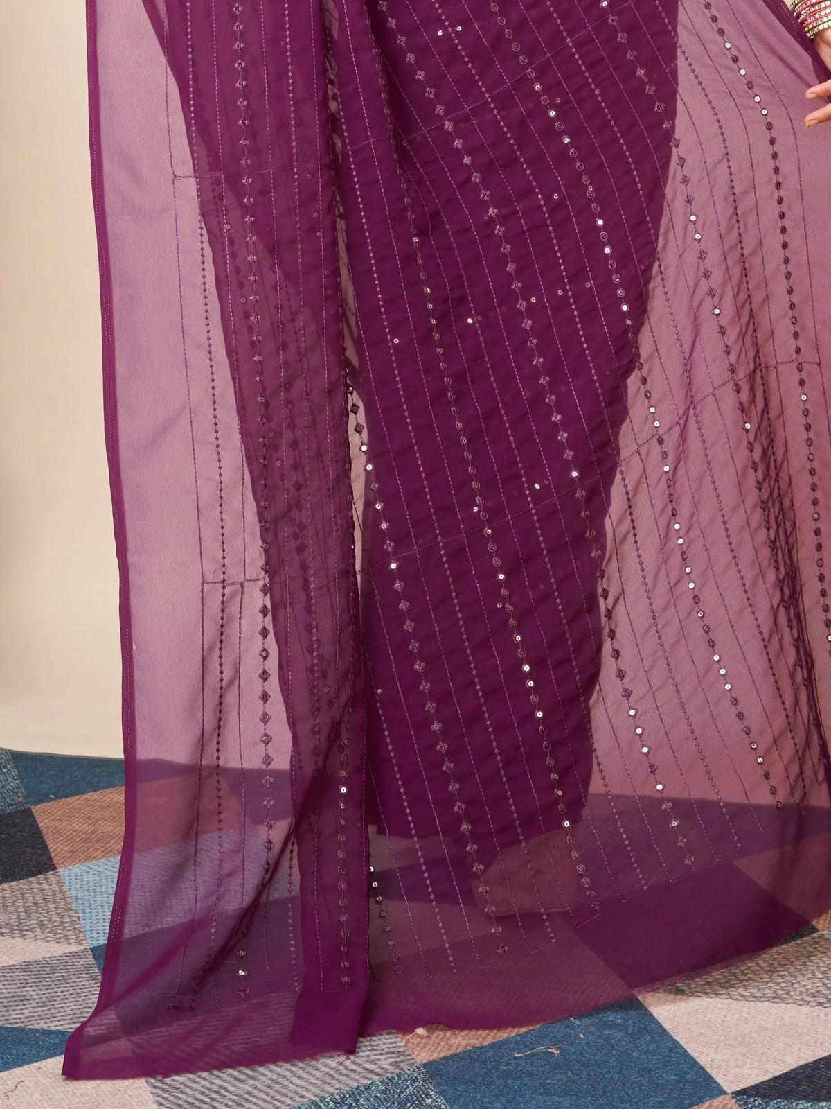 Purple sheer ethnic saree with sequin embroidery and delicate patterns