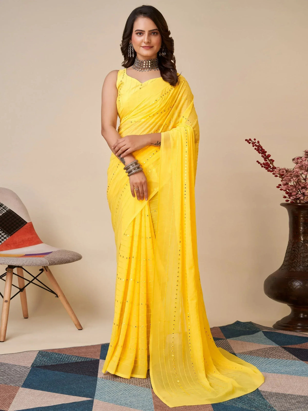 Yellow sequin saree with sleeveless blouse, ethnic Indian wear for women
