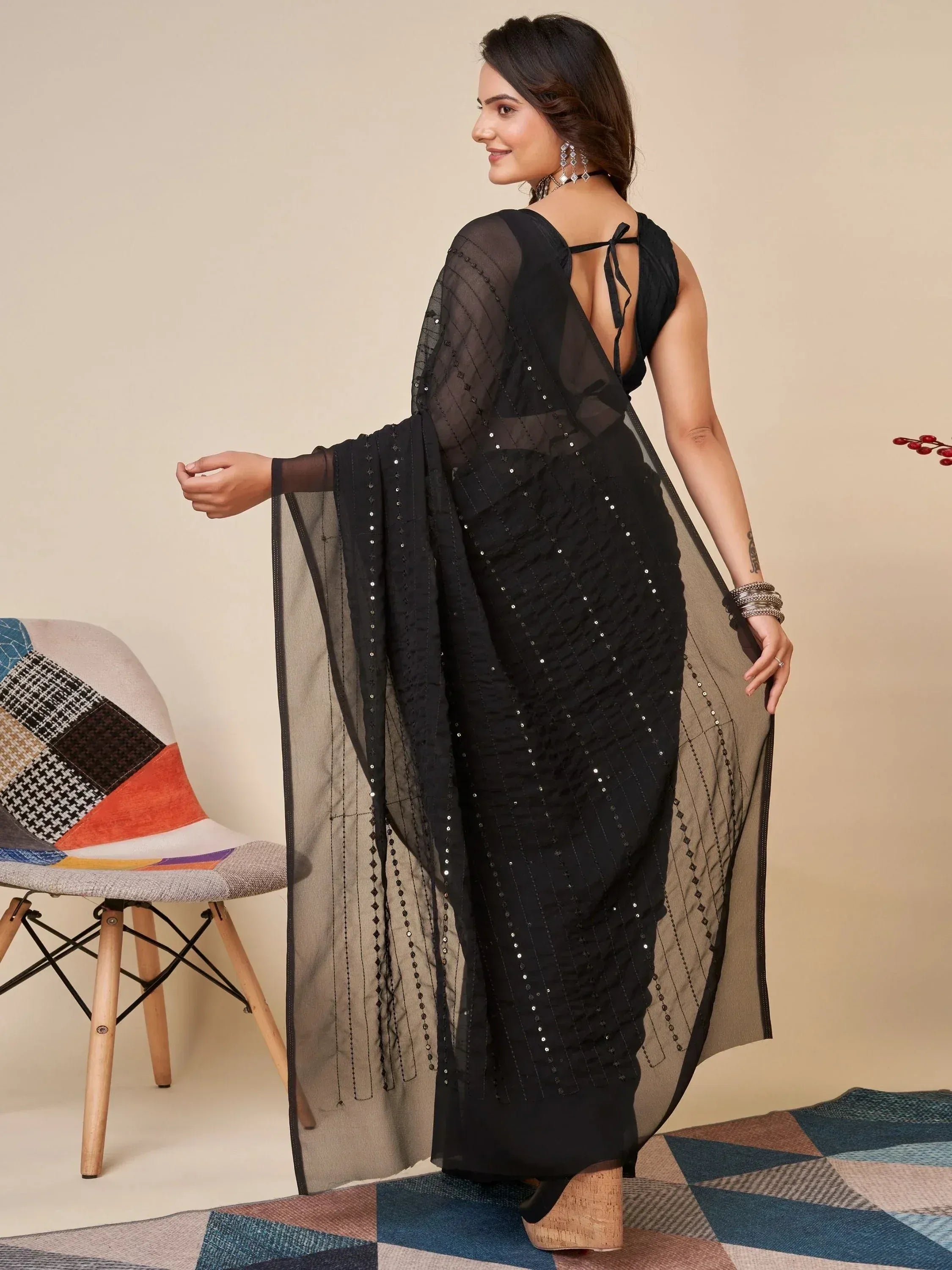 Black sequin saree with sheer overlay and back tie blouse, ethnic wear for women