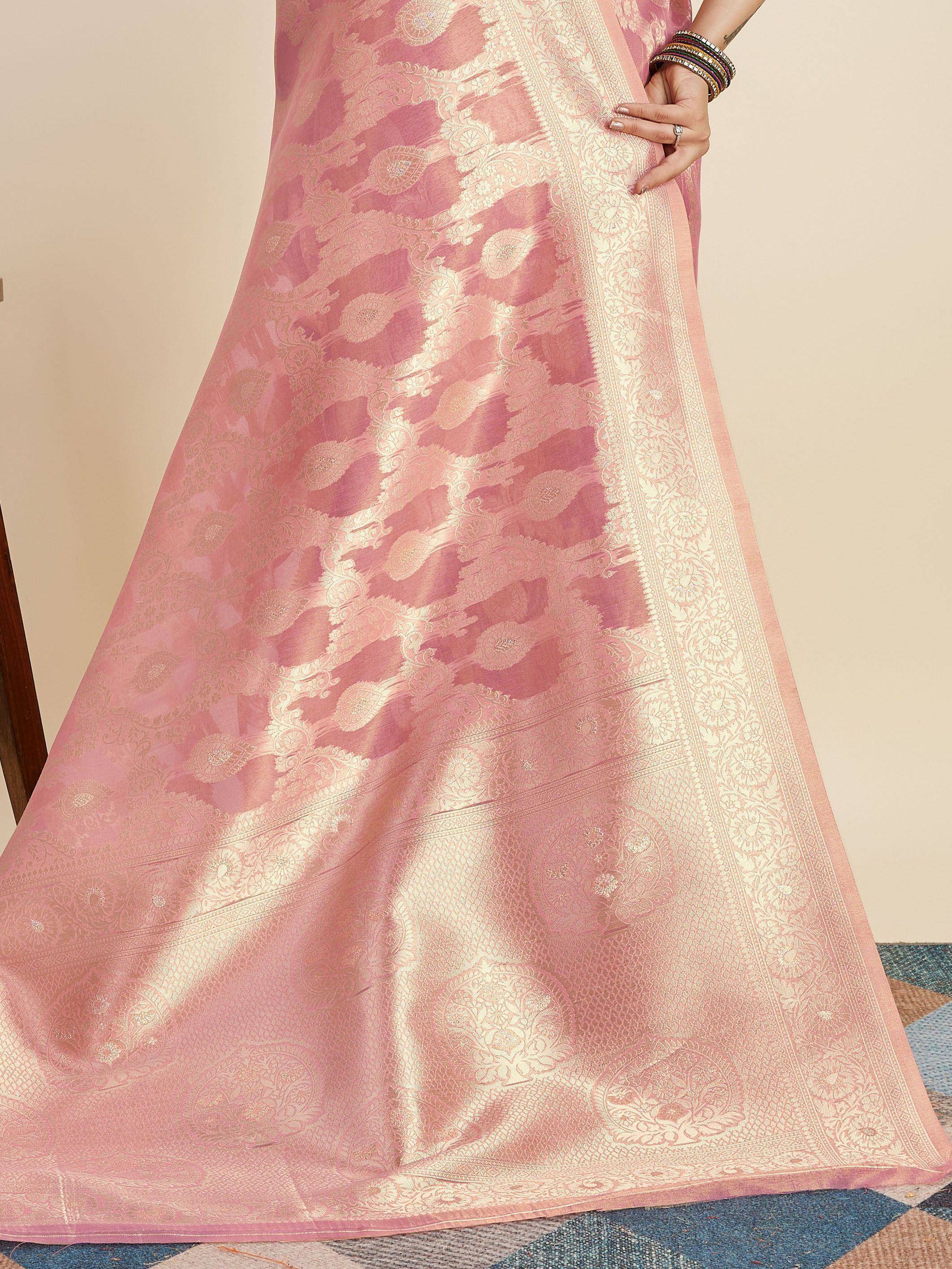 Pink designer saree with gold floral embroidery and border, ethnic wear for women