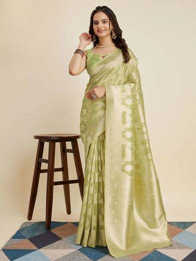Wonderful Pista Green Zari Weaving Banarasi Silk Saree With Blouse