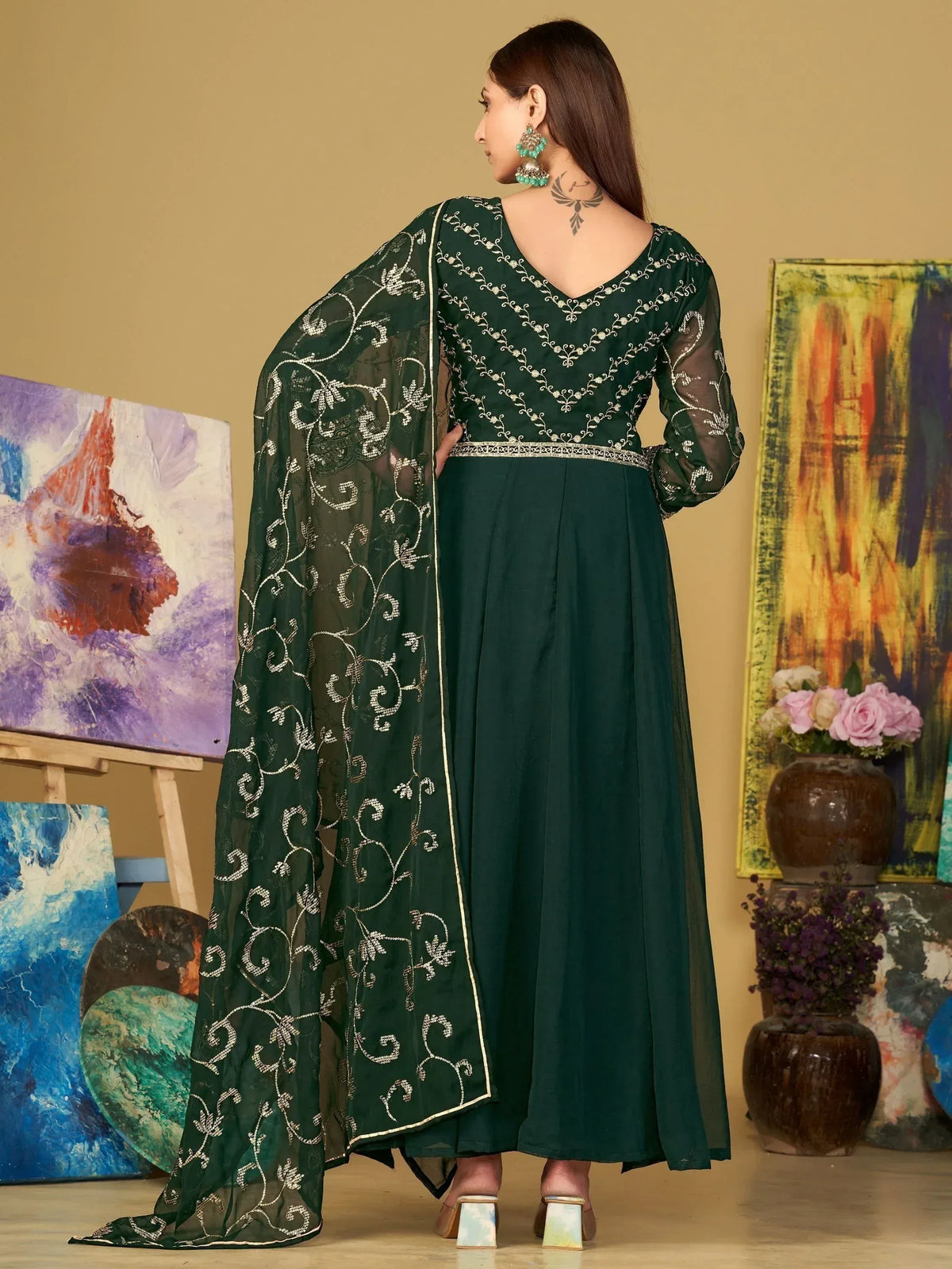 Emerald green embroidered anarkali suit with sheer dupatta, perfect for Indian ethnic occasions