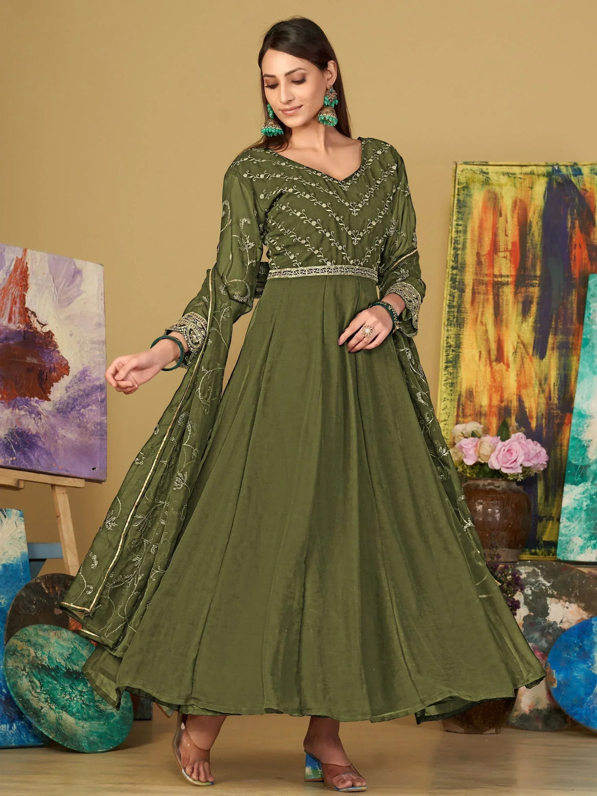 Olive green embroidered anarkali suit with flared skirt, perfect for Indian ethnic occasions