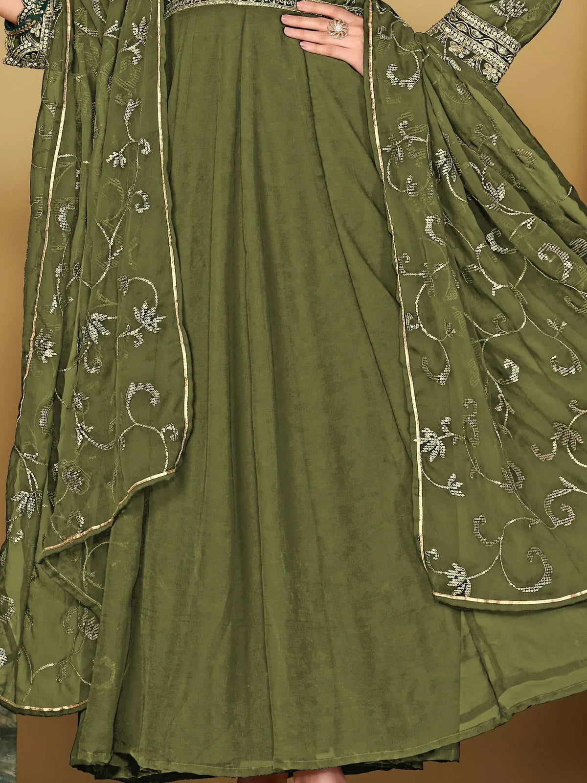 Olive green ethnic anarkali with gold embroidery and floral sequin work, perfect for Indian occasions.