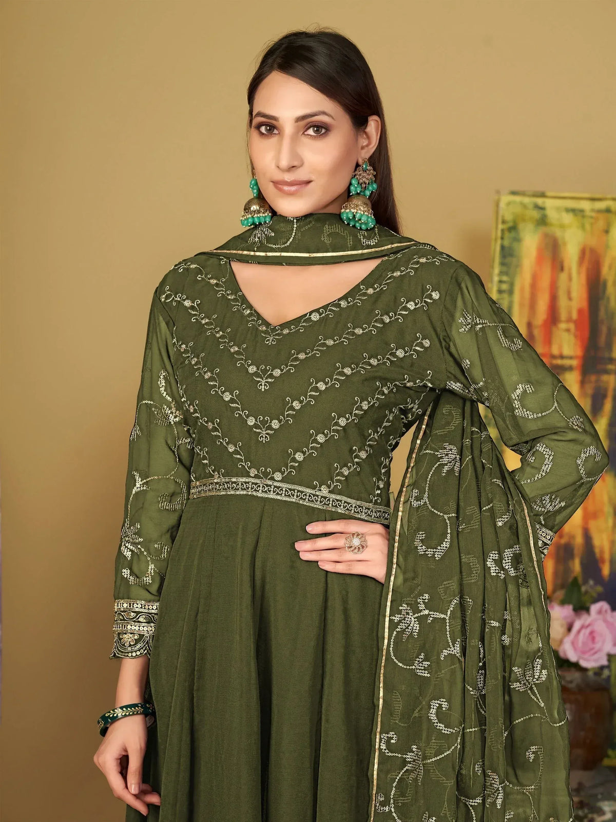 Olive green embroidered salwar kameez with matching dupatta, perfect for Indian ethnic wear occasions.