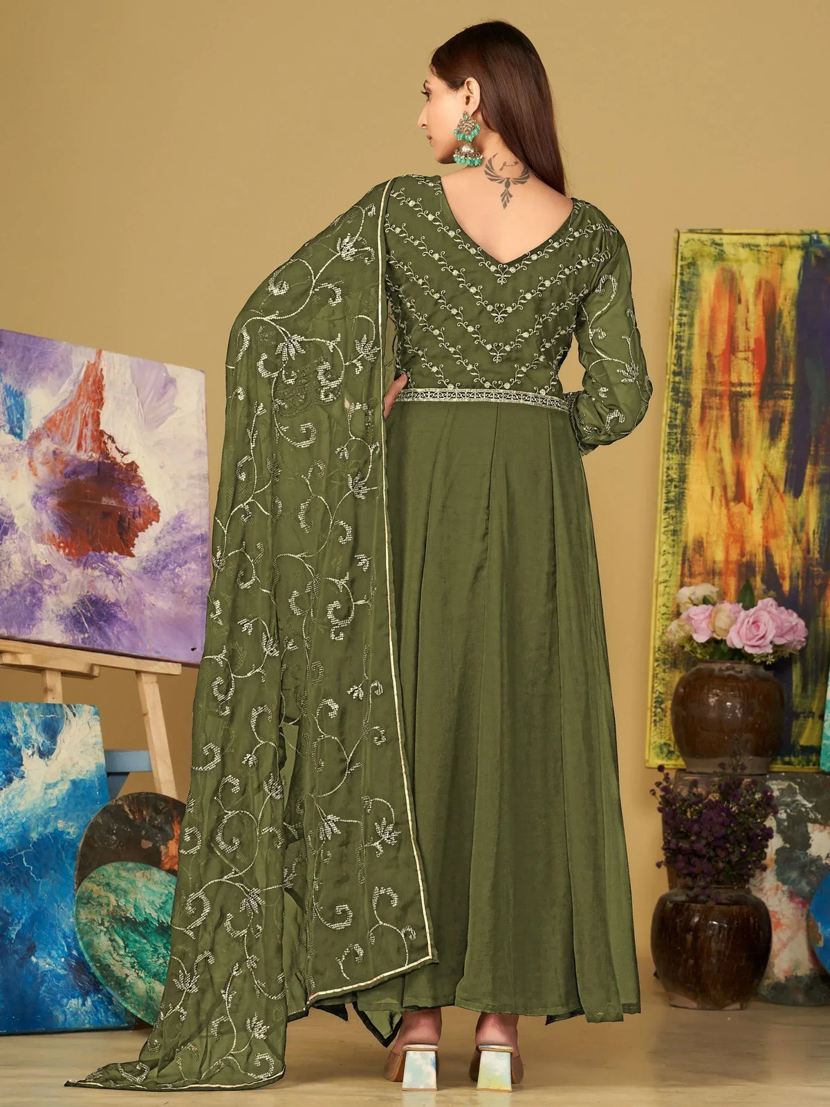 Olive green embroidered salwar kameez with floral dupatta, ethnic wear for women